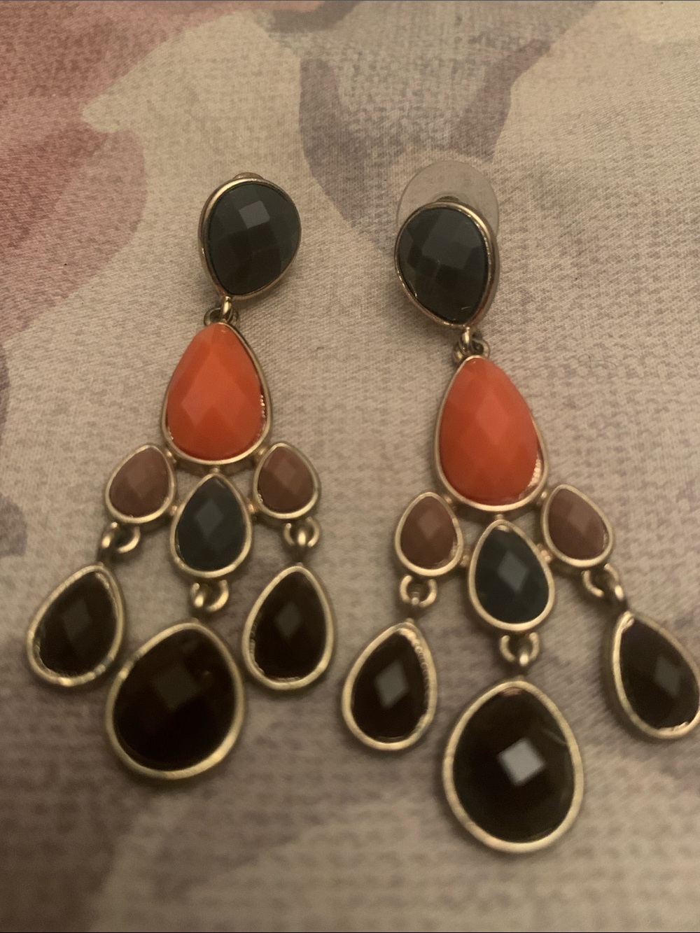 Gold-Tone Multi-Stone Teardrop Earrings with Orange and Black Accents